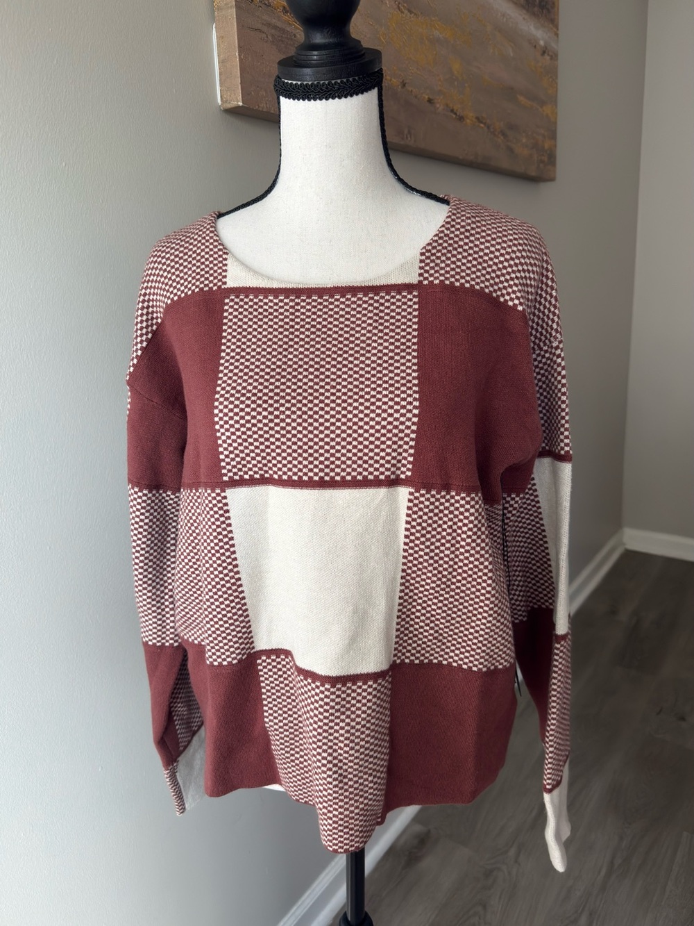 Tahari NWT Rust Cream Geometric Colorblock Knit Sweater Size S